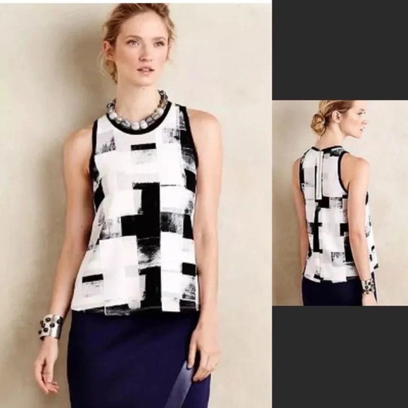 Anthropologie POSTMARK "Anzere" geometric Square Print top blouse sleeveless - Picture 1 of 11